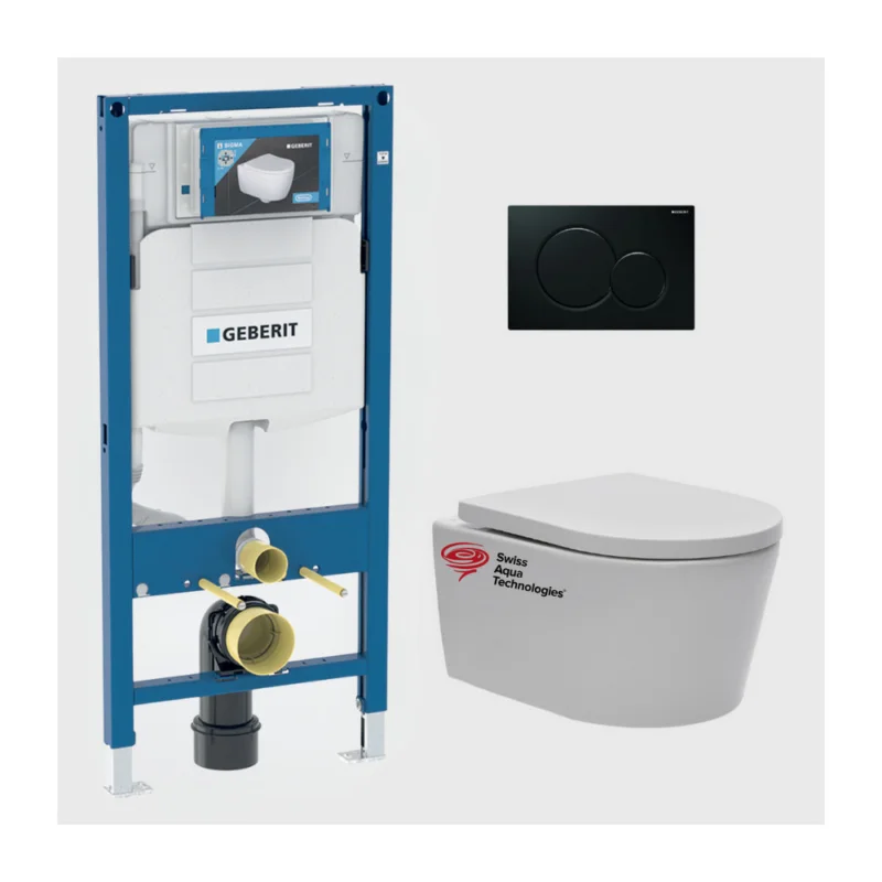 Usine Directe Pack WC Bati-support Geberit + cuvette Swiss Aqua Technologies + Abattant softclose + Plaque (GebSatrimless-A)