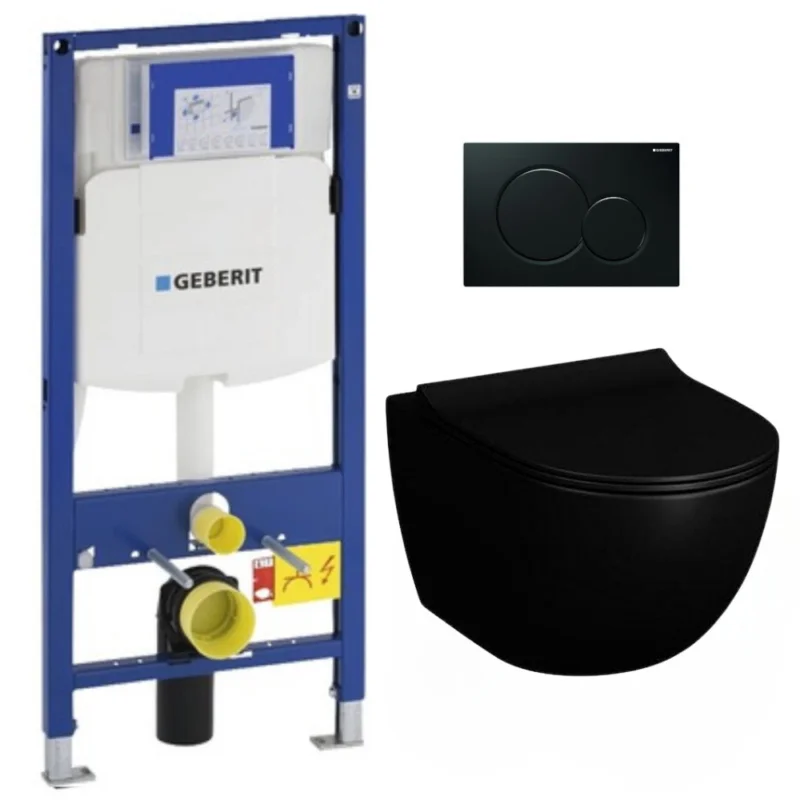 Expédié Aujourd'hui Pack WC Bati-support Geberit + Cuvette Vitra SENTO noire sans bride fixations invisibles + Abattant + Plaque noire (GebBlackSent