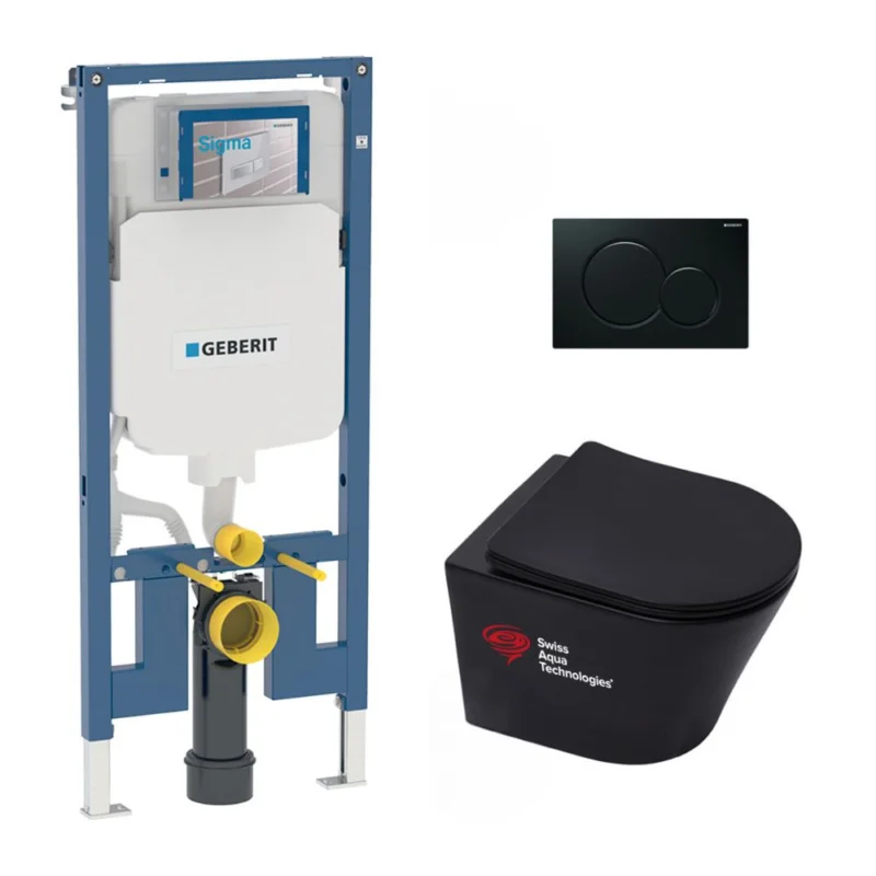 Bon Plan Pack WC bâti-support Geberit + WC Swiss Aqua Technologies sans bride + abattant SoftClose + plaque (SLIM-BlackInfinitio-A)