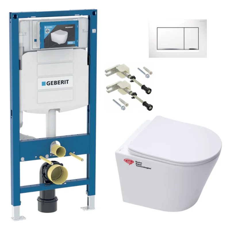 Authentique Pack WC Bati-support Geberit + WC Swiss Aqua Technologies sans bride + abattant SoftClose + plaque blanche (Geb SAT Infinitio-H)