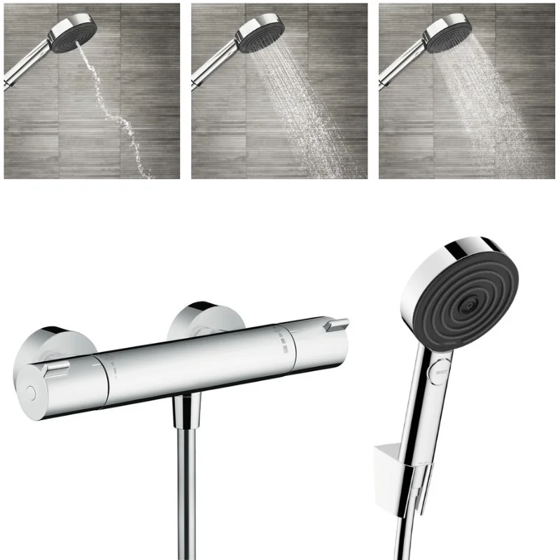 Affaire À Saisir Ecostat Mitigeur thermostatique douche + Douchette à main XXL 105mm 3 jets, Flexible de douche 125cm, support mural