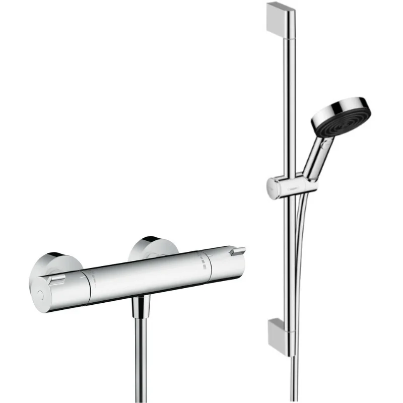 Ecostat Set Mitigeur thermostatique douche + Douchette à main XXL 105mm 3 jets, flexible douche 160cm, barre 65cm Livraison Express