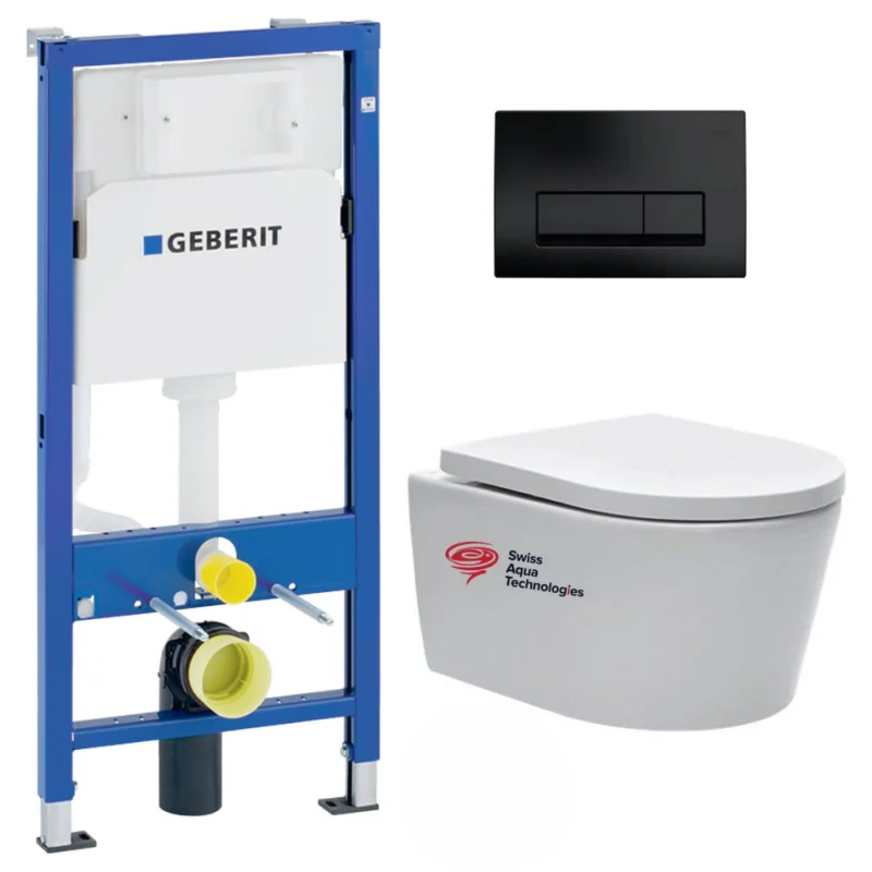 Pack WC bâti-support Geberit + cuvette Swiss Aqua Technologies sans bride + plaque noir mat (SATRIMLESSGEB10) Usine Directe