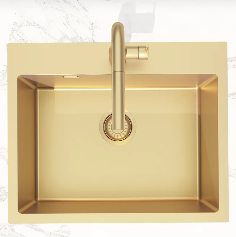 Swiss Aqua Technologies Aurum Évier de cuisine encastrable inox 304, 1 bac , 55x45x21 cm, Or brossé PVD Dernier Modèle