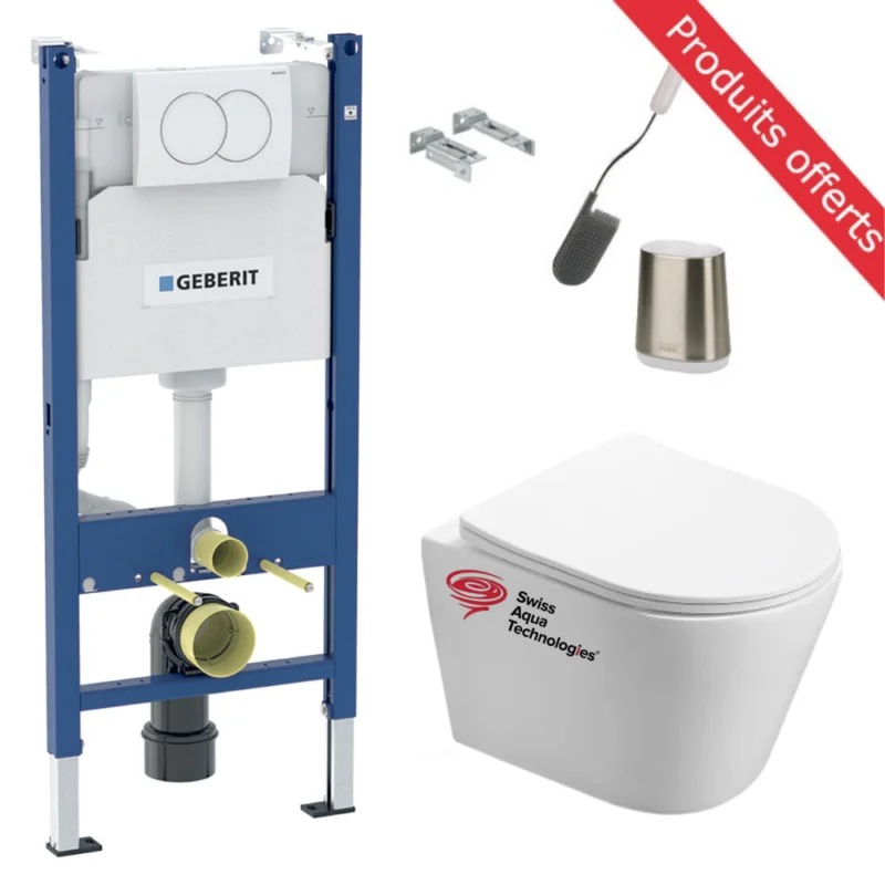 Pack WC sans bride Infinitio + Abattant softclose slim + Bâti Geberit UP100 + Plaque blanche + Brosse Joseph Joseph OFFERTE Seulement Aujourd'hui