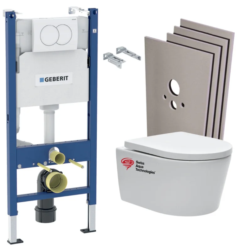 Pack WC sans bride SAT, fixations invisibles + Abattant softclose + Bâti support Geberit UP100 + Plaque blanche + Set Habillage Offre Limitée