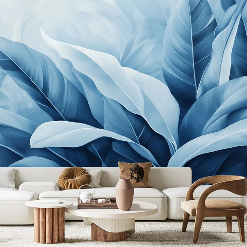 Achat Immédiat Papier peint bleu canard Feuilles bleues stylisées aux nuances apaisantes