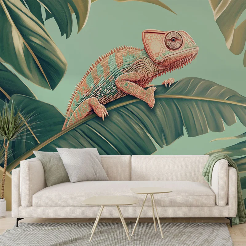 Retour Gratuit Papier peint caméléon Caméléon aux couleurs vibrantes sur fond tropical