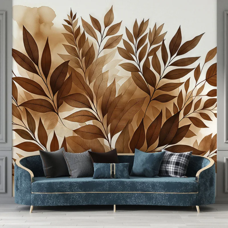Papier peint feuillage Aquarelle aux tons chocolats avec feuillages Haute Qualité