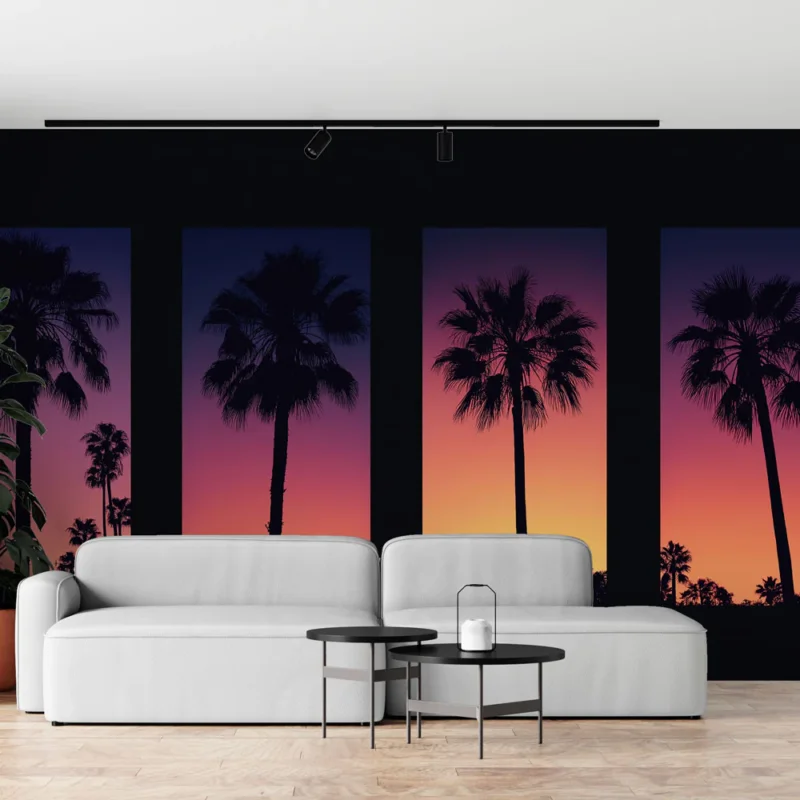 Achat Immédiat Papier peint coucher de soleil et palmiers Éclat de couleurs chaudes et silhouettes élégantes