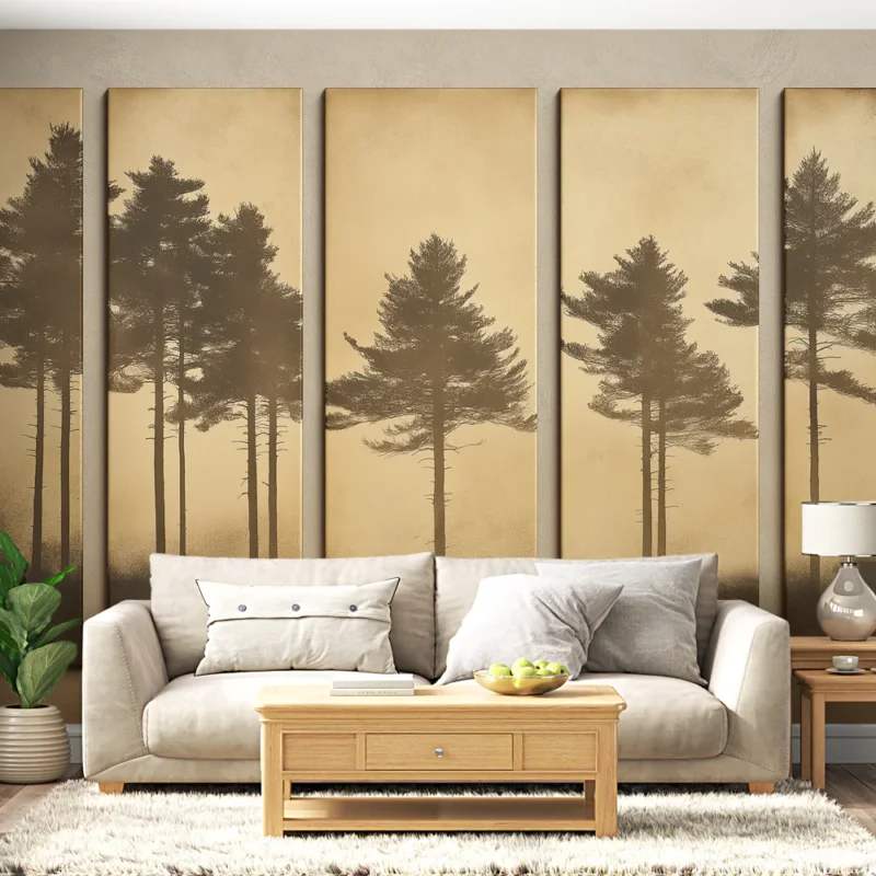 Marque Papier peint imitation tableau Silhouettes d‘arbres sur fond doré
