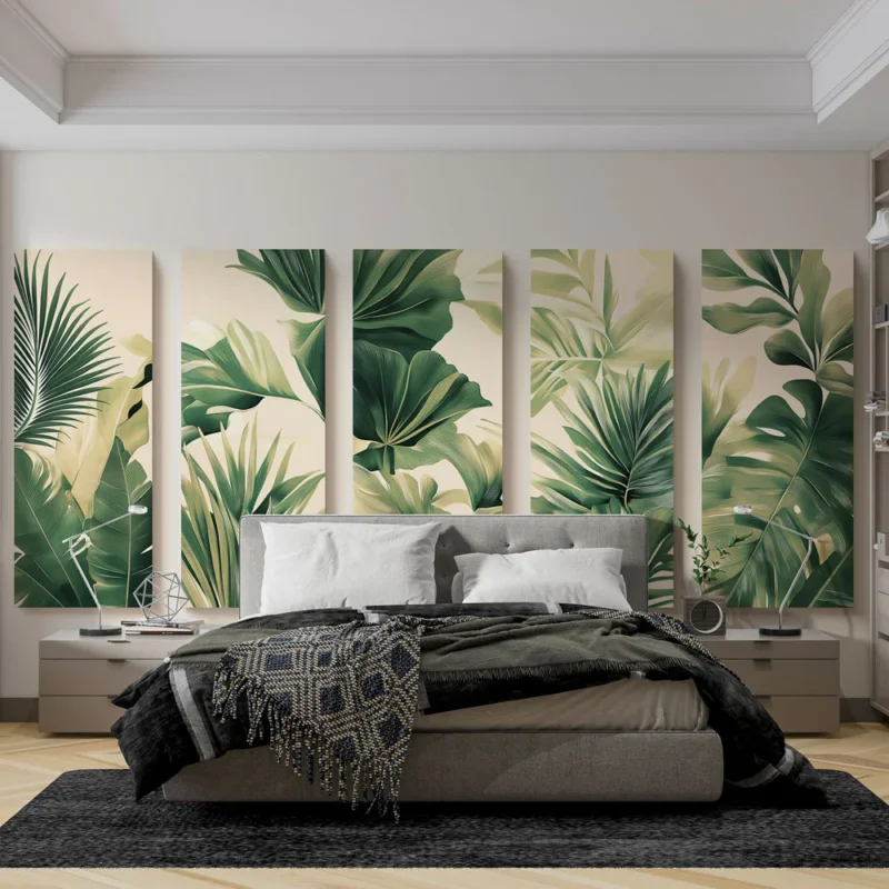 Achat Immédiat Papier peint feuillage tropical Plantes exotiques aux teintes vertes et dorées