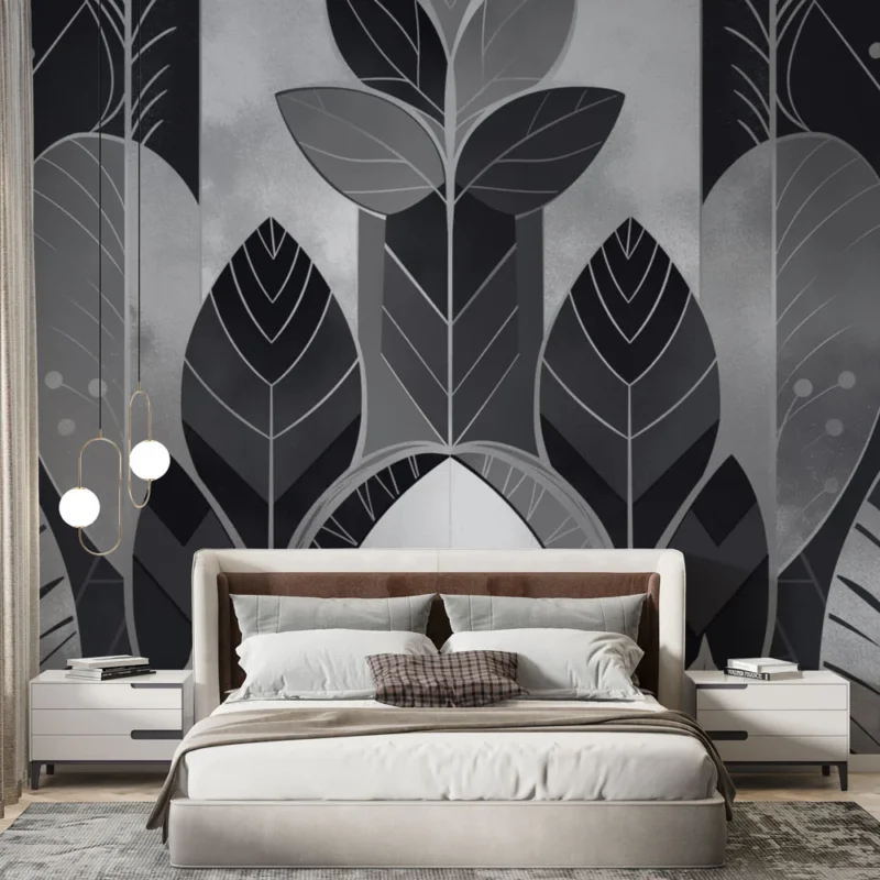 Achat Immédiat Papier peint feuillage Art déco géométrique noir et blanc