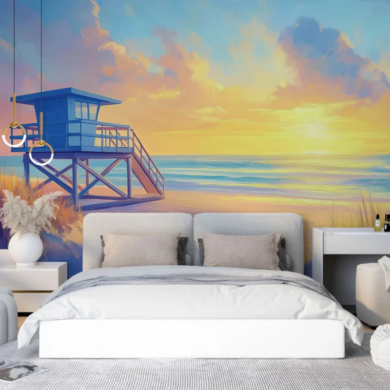 Achat Immédiat Papier peint coucher de soleil plage Une scène de plage sereine avec un poste de secours