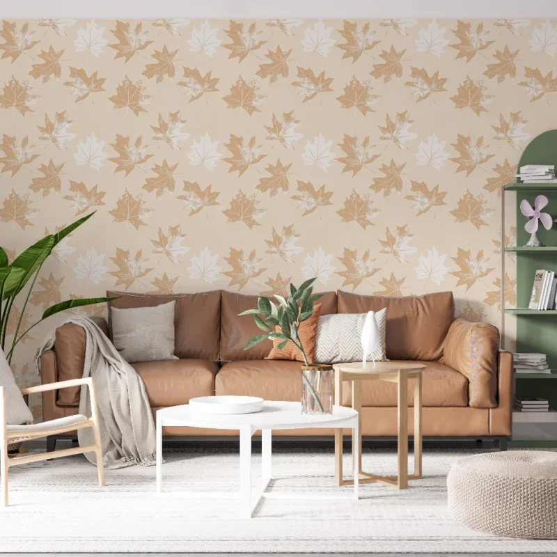 Achat Immédiat Papier peint feuilles d‘érable Motif délicat de feuilles d‘érable sur fond crémeux