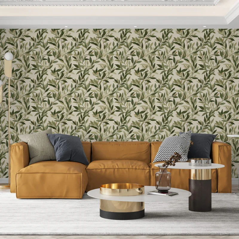 Achat Immédiat Papier peint feuillage vert Motif de feuilles verdoyantes sur fond clair