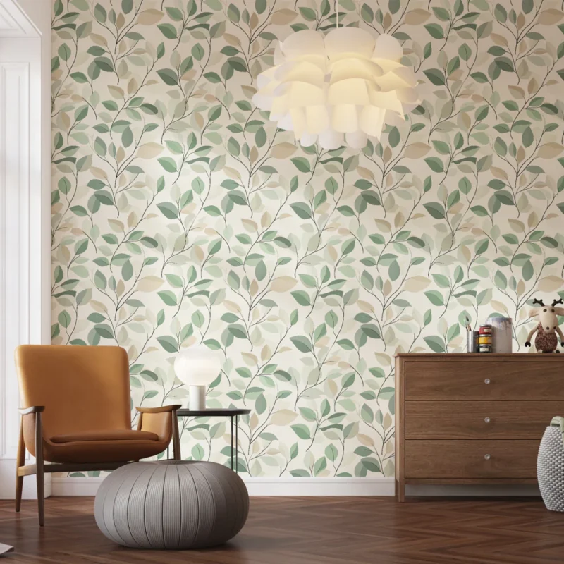 Achat Immédiat Papier peint feuillage doux Feuilles vertes et beige sur fond clair